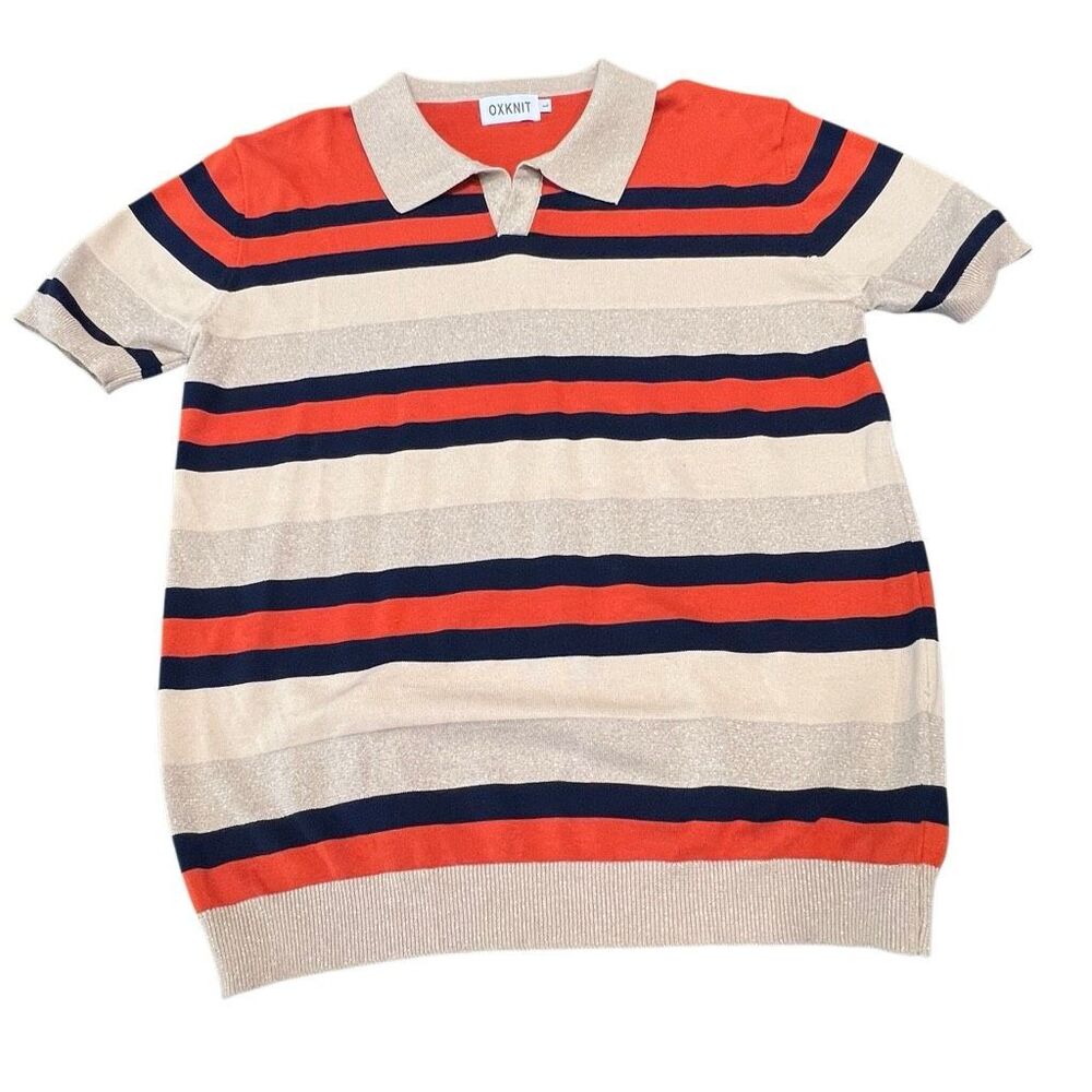 OXKnit Women's Metallic Stretch Short Sleeve Knit Striped Polo Sweater Large